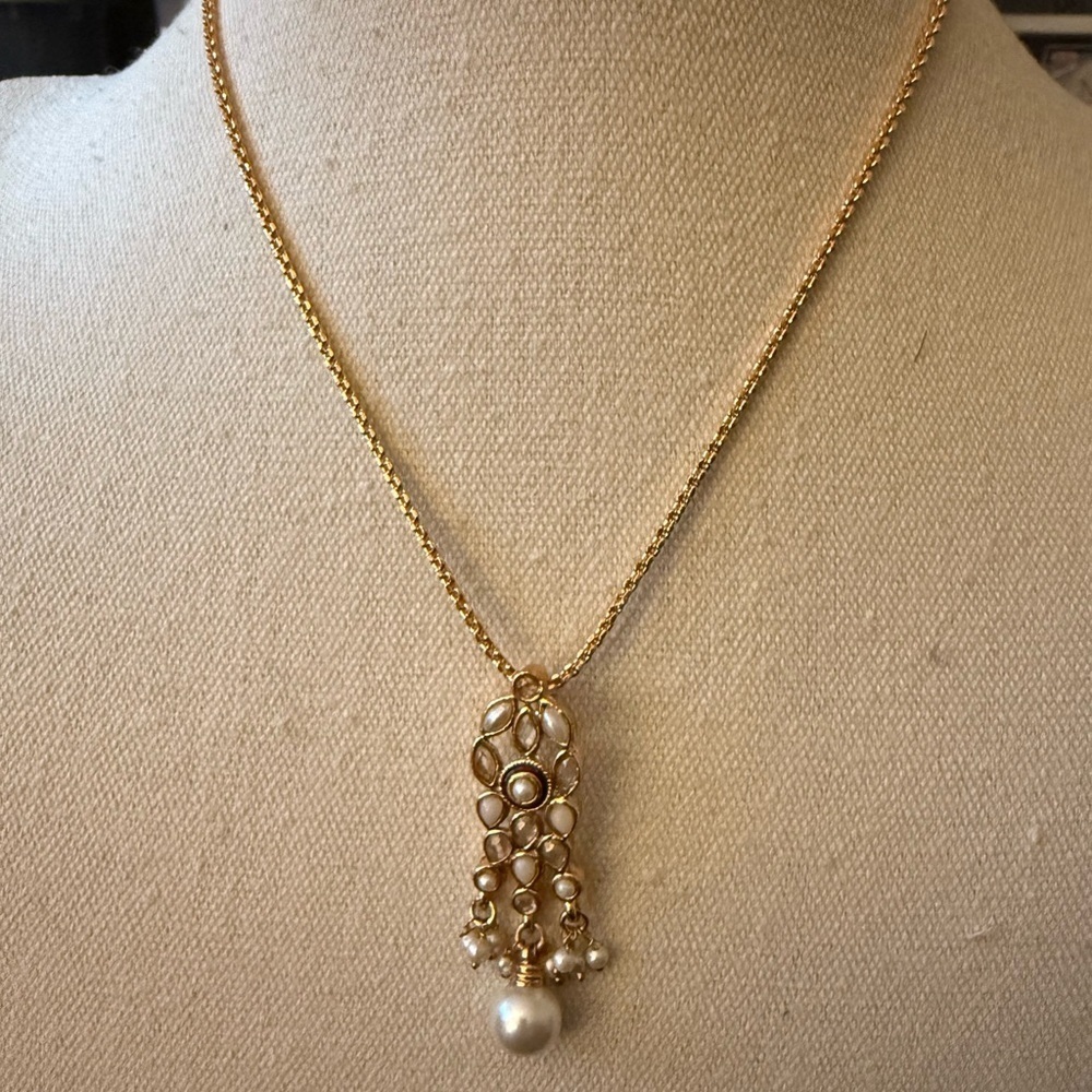 Rose Gold Necklace With Faux Pearl Teardrop Dangle Enhancer.